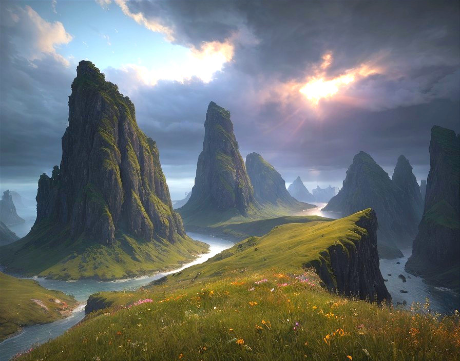 Majestic Mountains and Serene River in Lush Valley