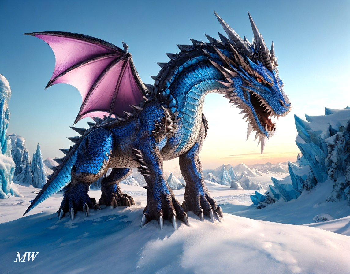 Blue Dragon with Spiked Ridges in Snowy Landscape