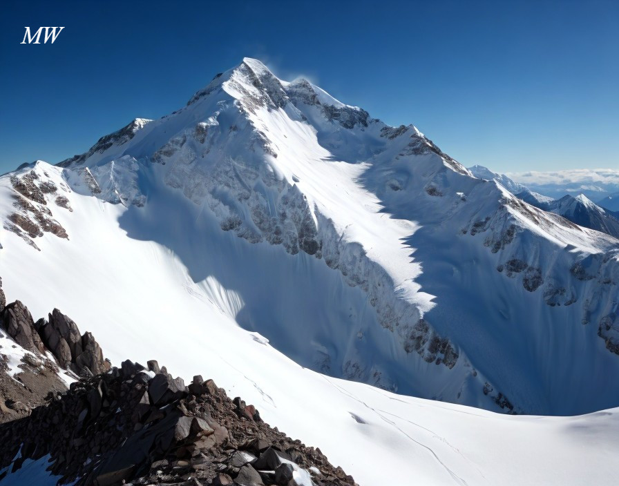 Snow-covered mountain peak under clear blue sky with sharp ridges and scattered rocks.