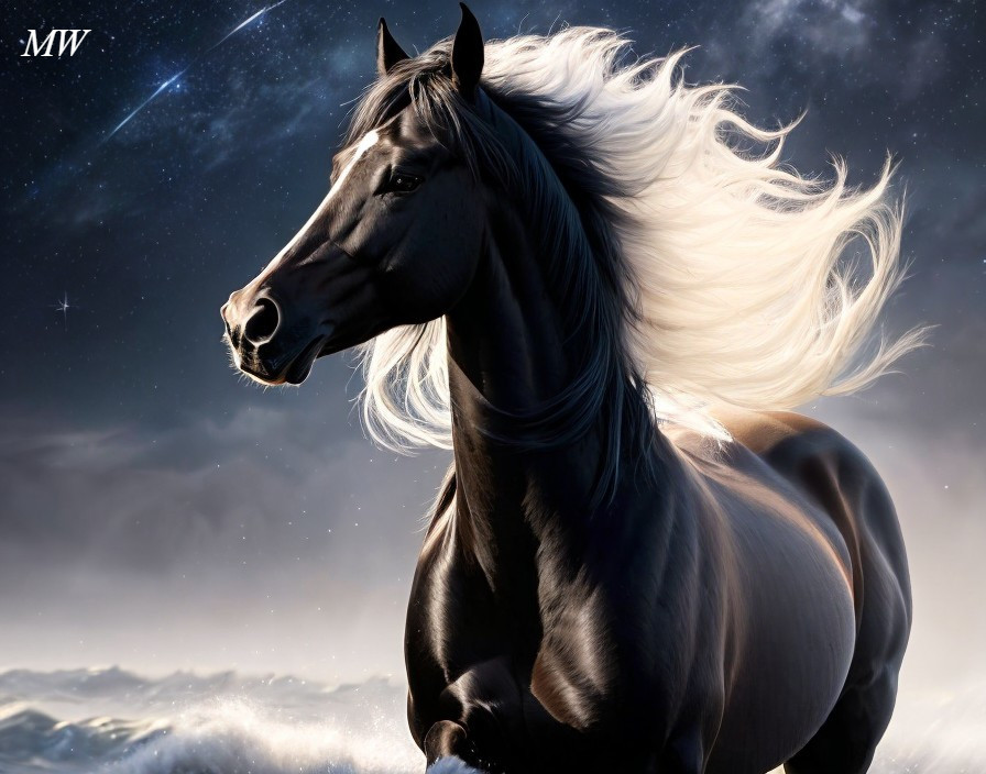 Black Horse with Silvery Mane in Mystical Landscape