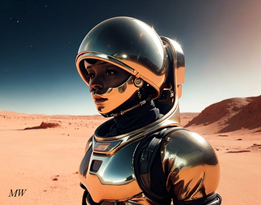 Golden spacesuit helmet astronaut on Mars-like desert landscape