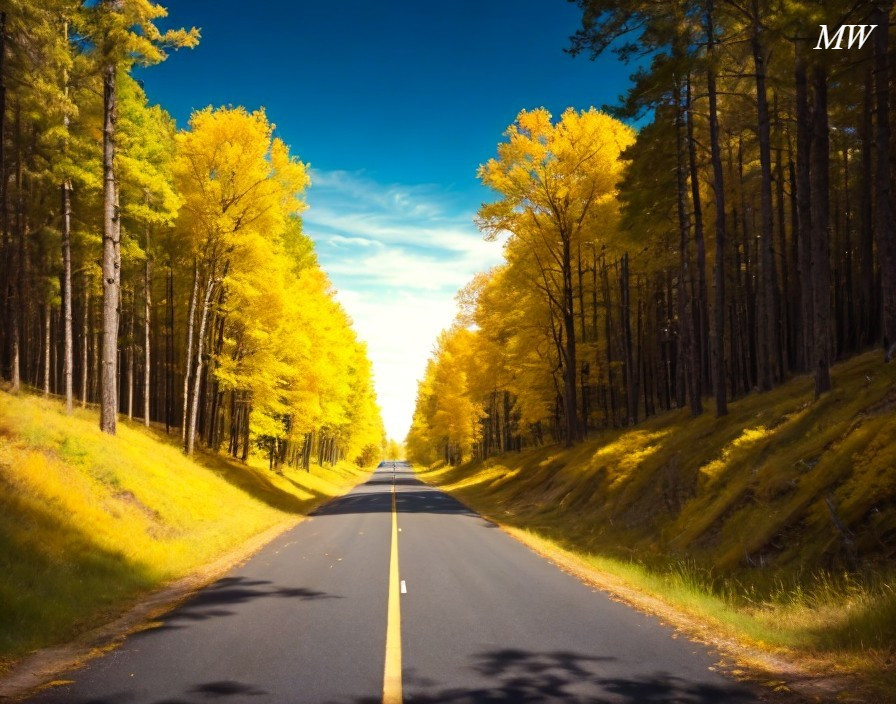 Tranquil Autumn Road with Tall Trees and Golden Leaves