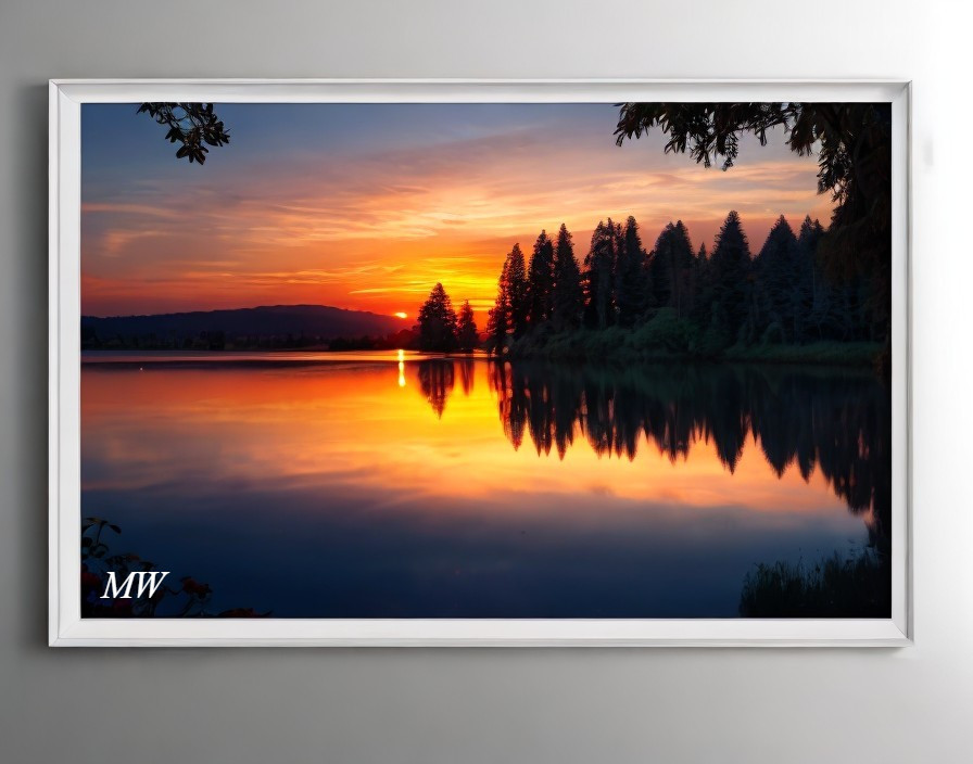 Tranquil sunset scene with vibrant orange hues over a serene lake
