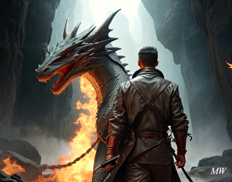Man in leather jacket confronts dragon in canyon