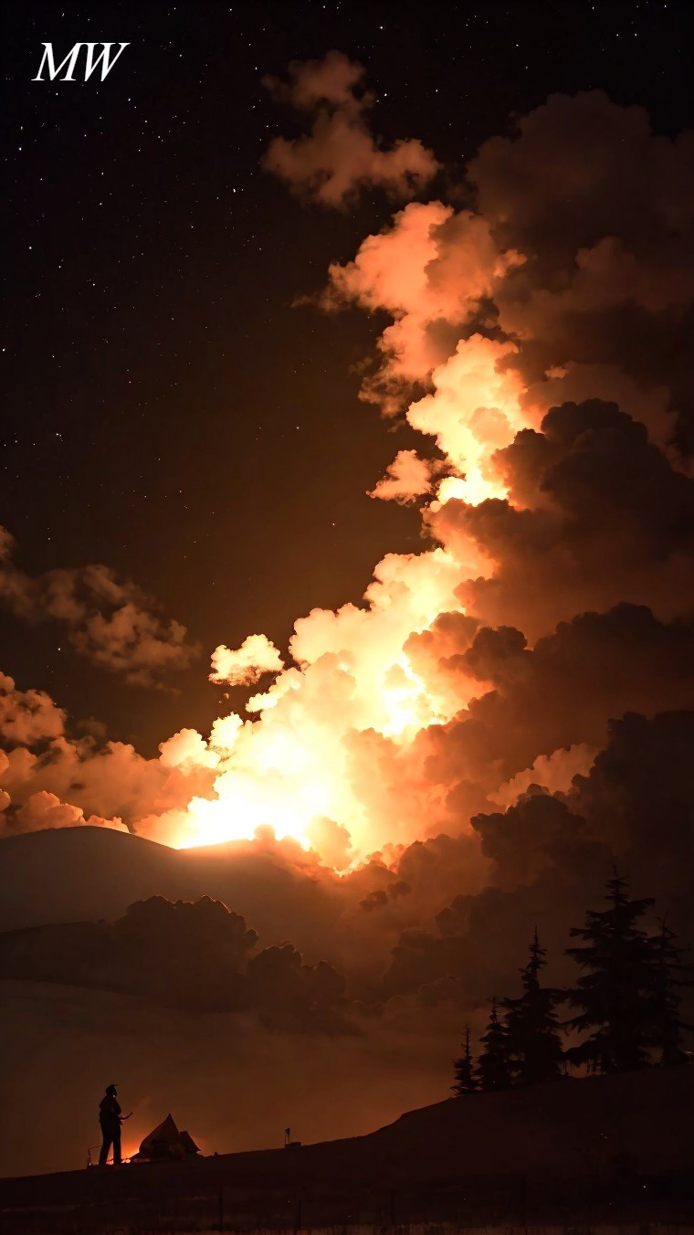 Silhouetted person near tent under starry sky with fiery cloud glow