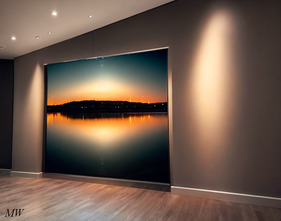 Spacious Room with Grey Walls and Sunset Photograph