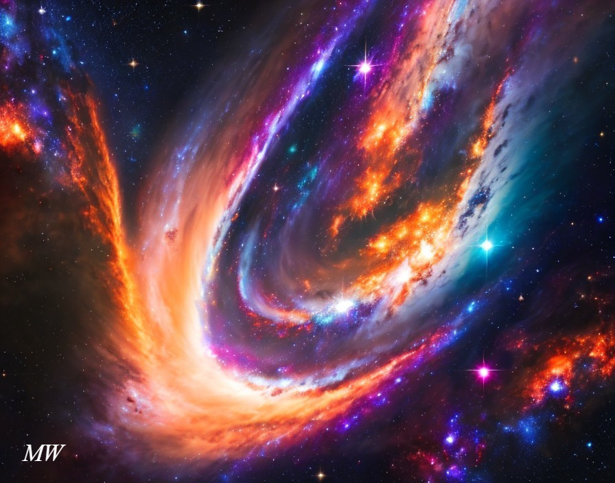 Colorful cosmic scene with orange and blue nebulas and bright stars.