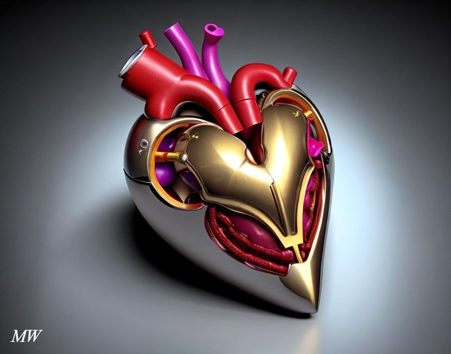 Digital Art of a Metallic Gold and Red Human Heart