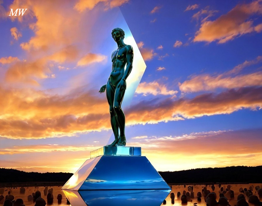 Statue of David against sunset sky with silhouetted figures