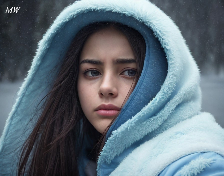 Young woman in blue hooded coat in snowy setting