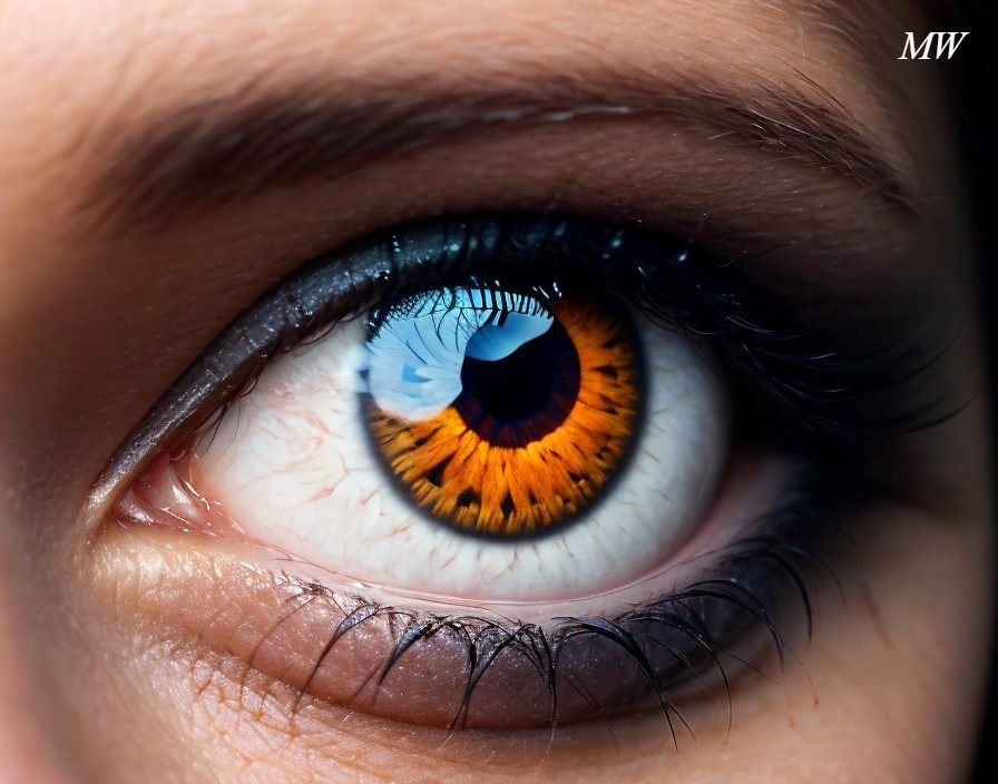 Close-up of a vibrant orange iris and eye makeup
