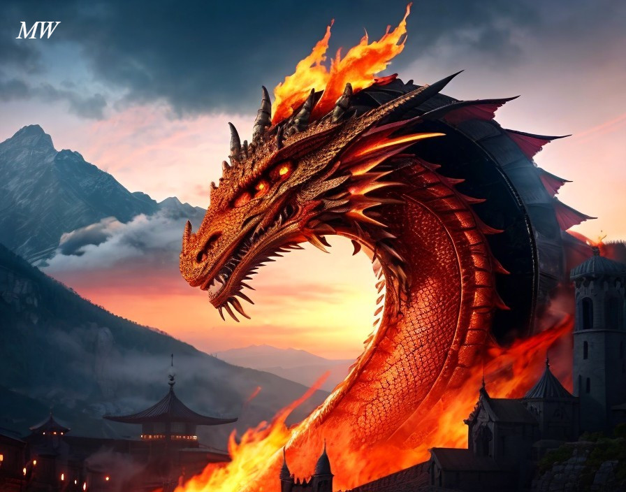 Majestic fire-breathing dragon in ancient mountain landscape