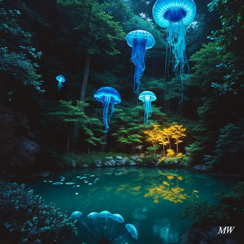 Glowing Blue Jellyfish Creatures Above Forest Pond