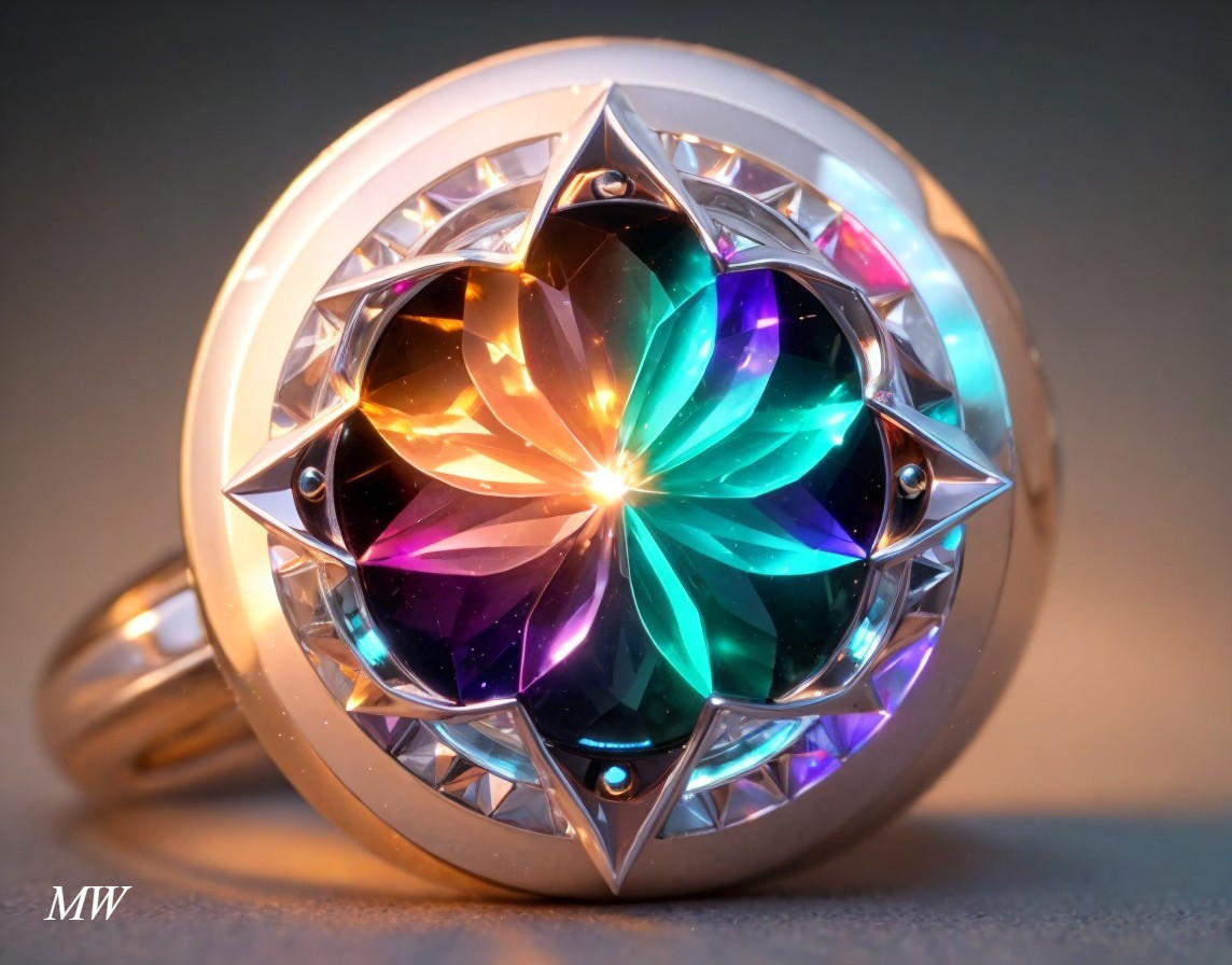 Multicolored faceted gemstone on circular metal band with intricate pattern