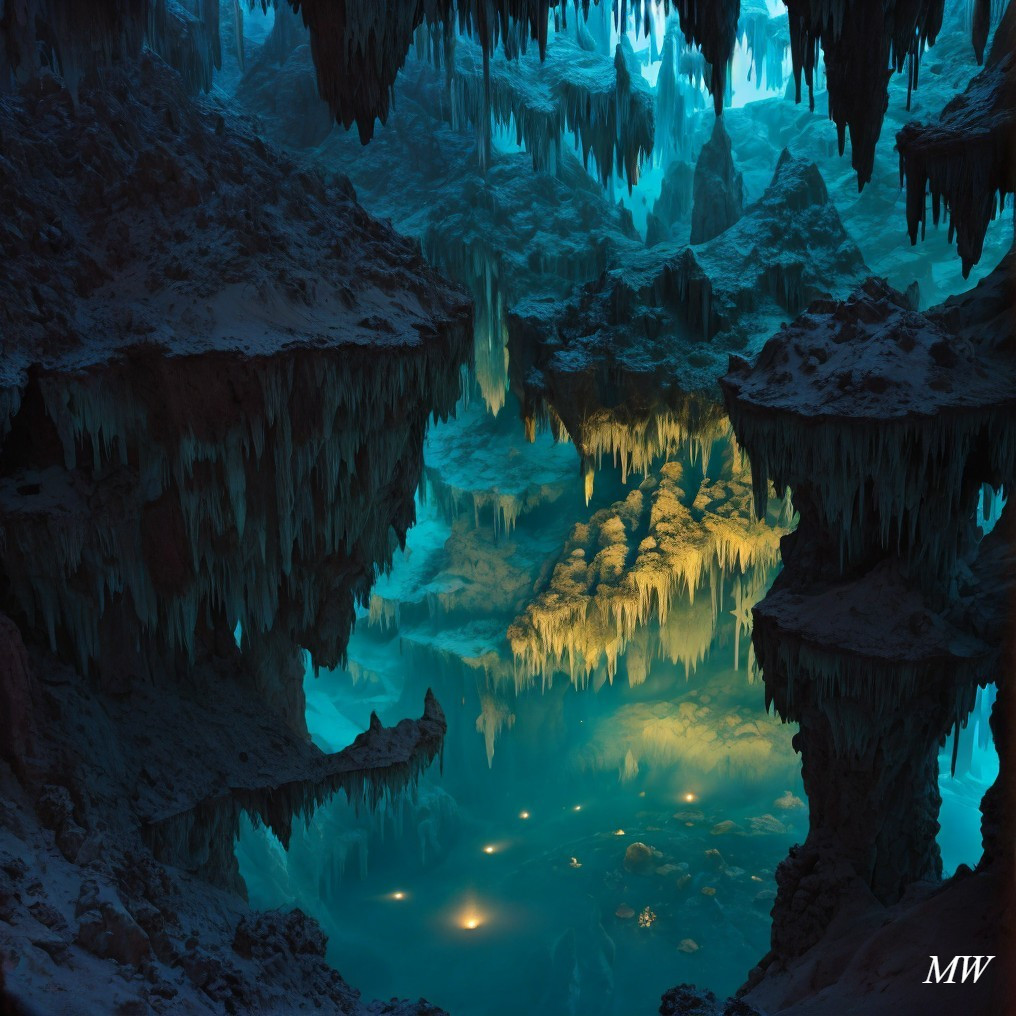 Mystical Underwater Cave with Blue Illumination