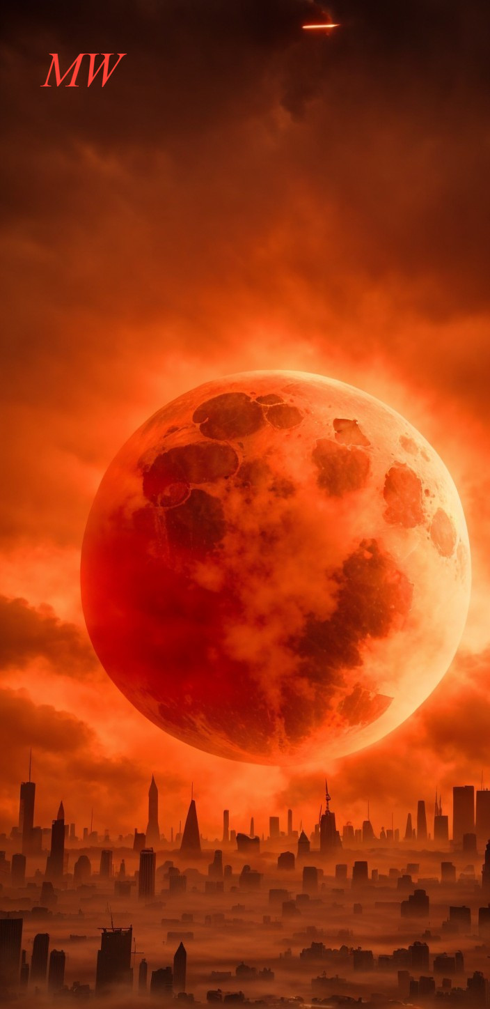 Red Moon Over Silhouetted City Skyline in Fiery Glow