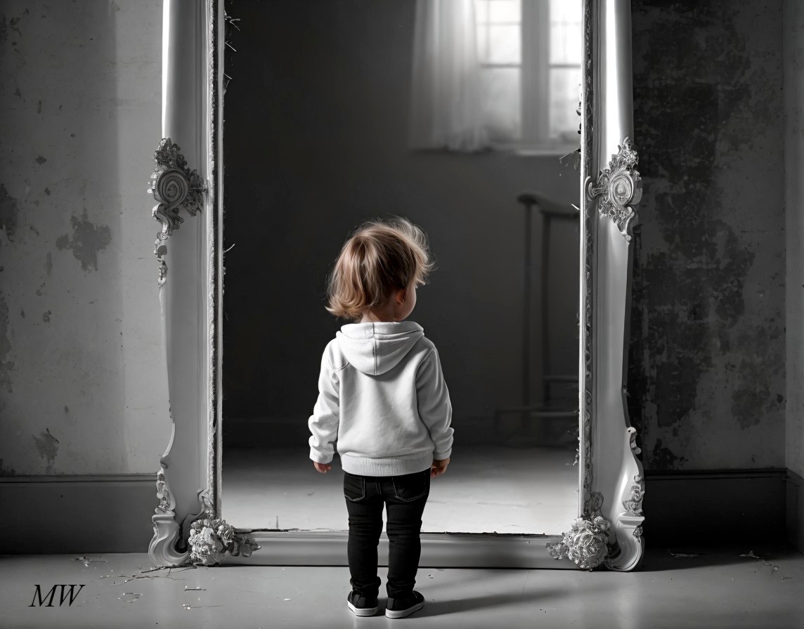 Toddler in white hoodie between vintage mirrors in dimly lit room.