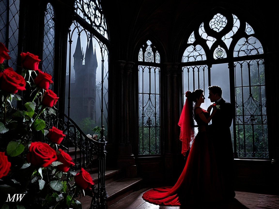 Gothic Couple in Elegant Attire with Stained Glass Background