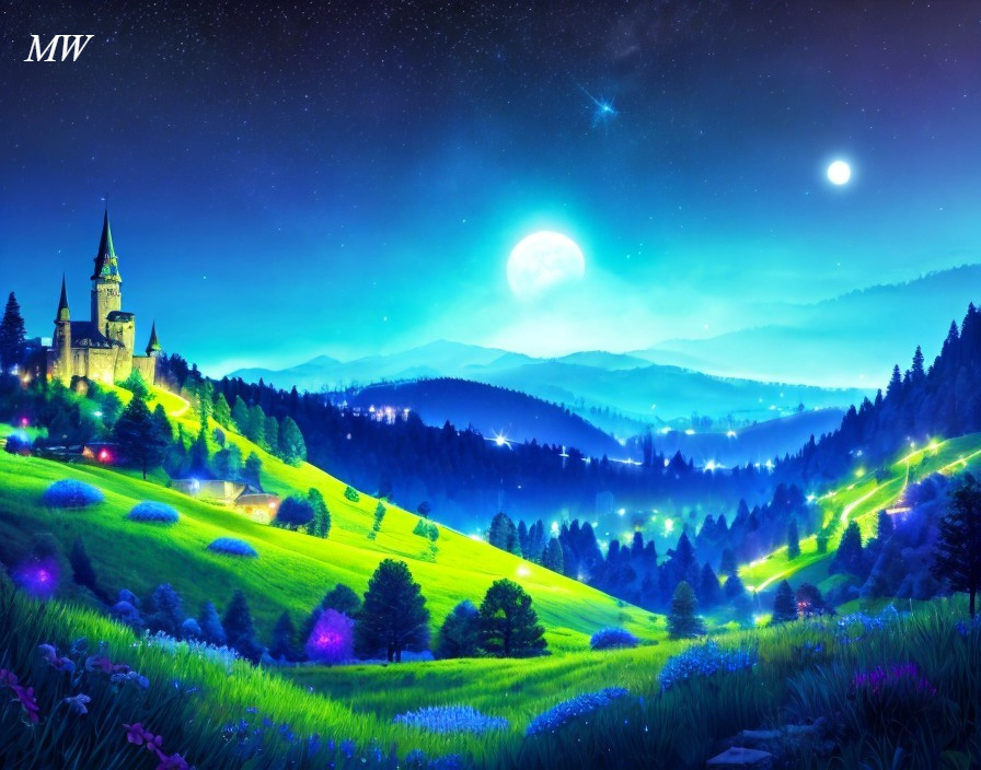 Fantasy landscape: glowing full moon, castle, starry sky, colorful flora