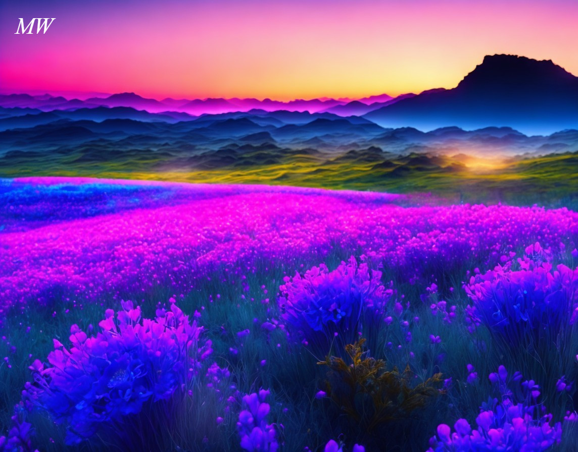 Vibrant Landscape with Purple Flowers and Sunset Sky