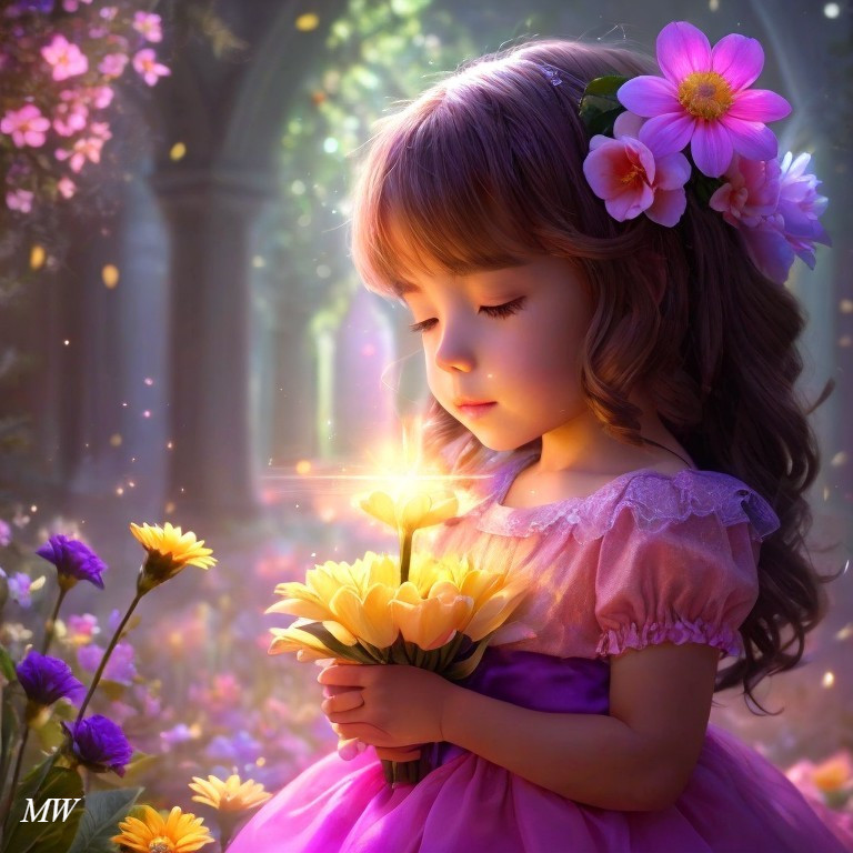 Young girl in purple dress with flower crown in forest