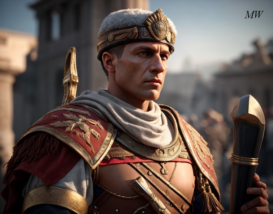 Stoic Roman soldier in armor with plumed helmet and spear against ancient city backdrop