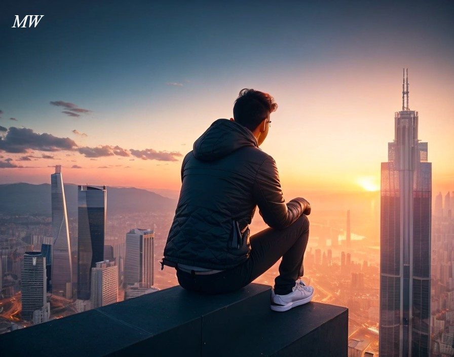 Person on Ledge Overlooking City Skyline at Sunrise