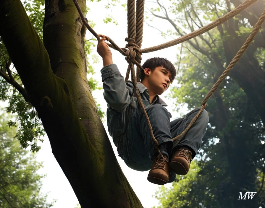 Person on Rope Swing in Misty Forest Setting