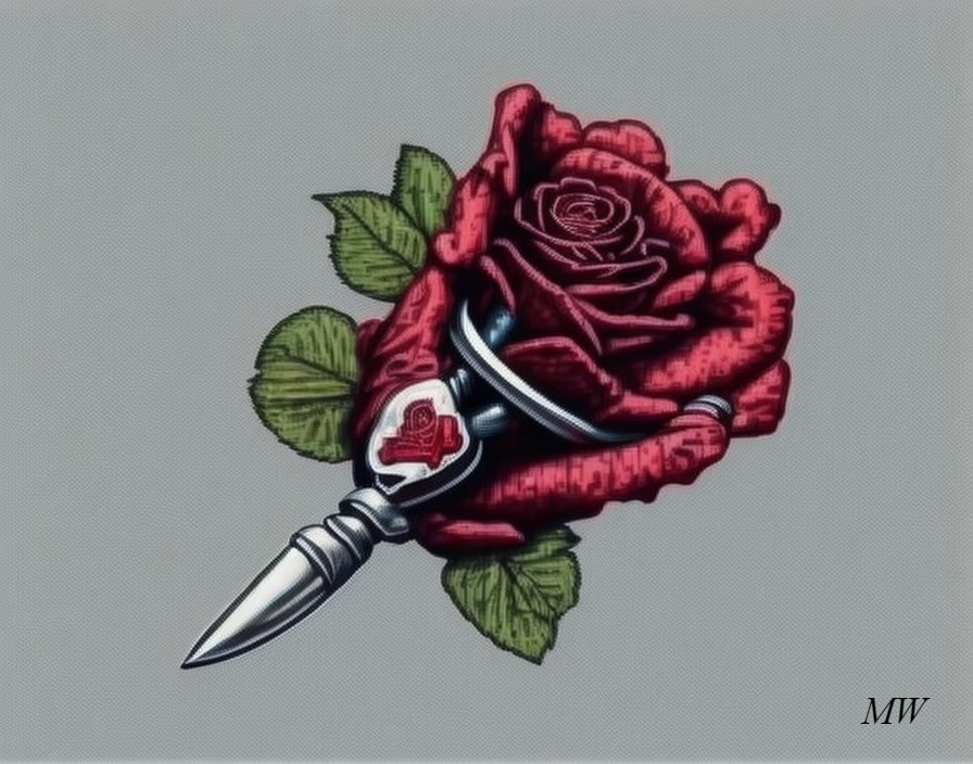 Red Rose and Silver Dagger Digital Illustration