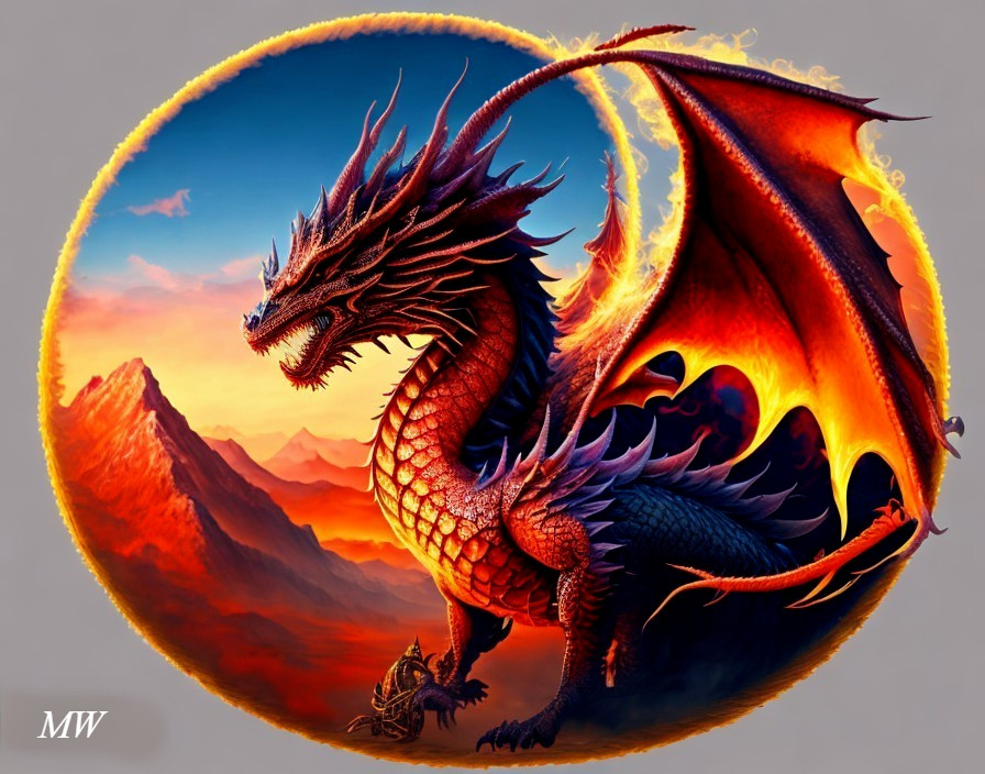 Red dragon with spread wings before mountainous sunset