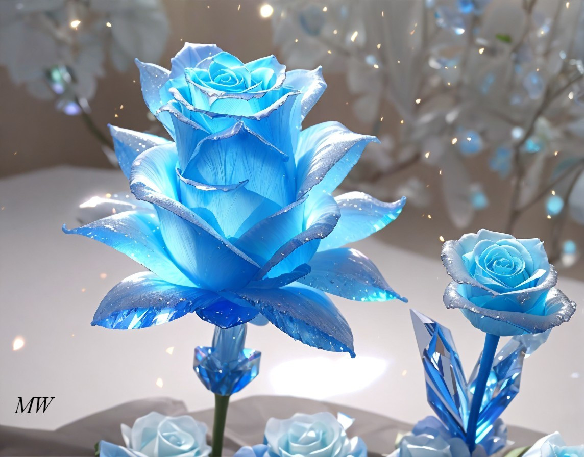 Luminous Blue Roses with Crystal Petals in Ethereal Setting