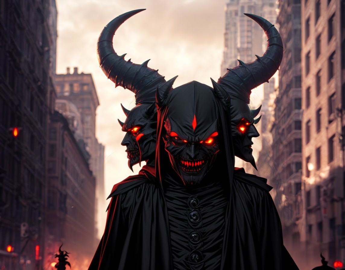 Menacing Figure with Glowing Red Eyes in Dark Street