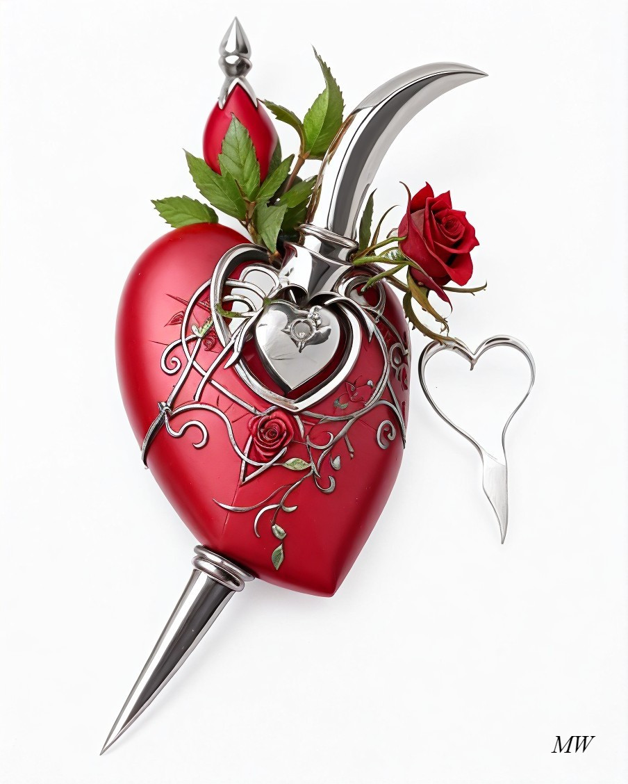 Red Heart with Silver Designs, Dagger, and Rose
