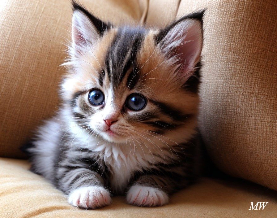 Fluffy Kitten with Blue Eyes on Beige Sofa