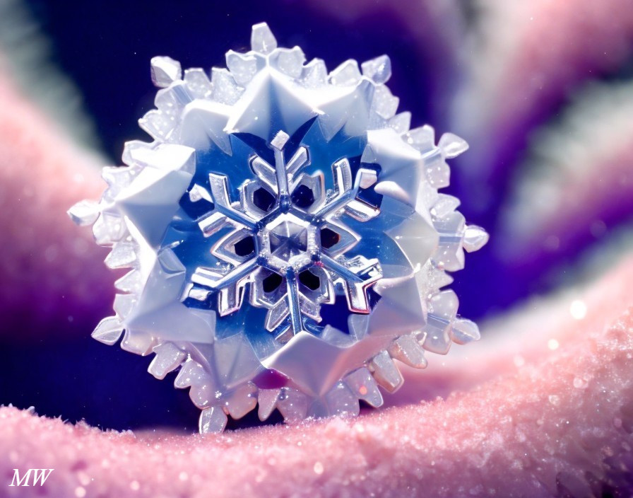 Intricate Hexagonal Snowflake on Pink Crystal Surface
