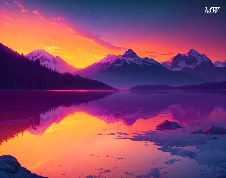 Majestic Sunset Landscape with Mountains and Lake