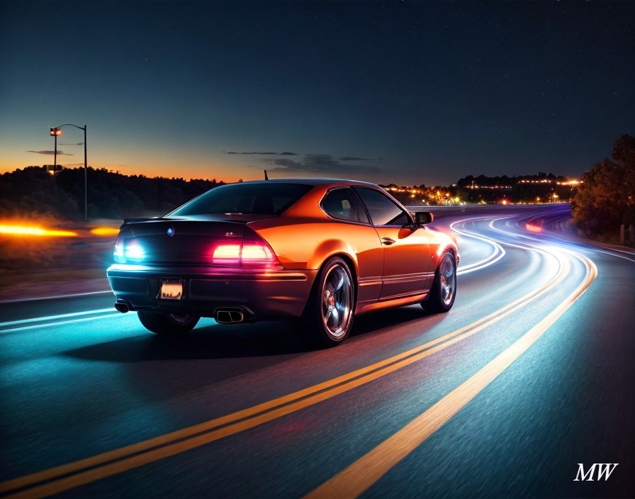 Sleek Car on Nighttime Road with Light Trails