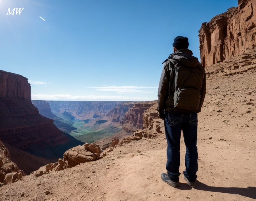 Man in jacket and jeans at canyon under blue sky