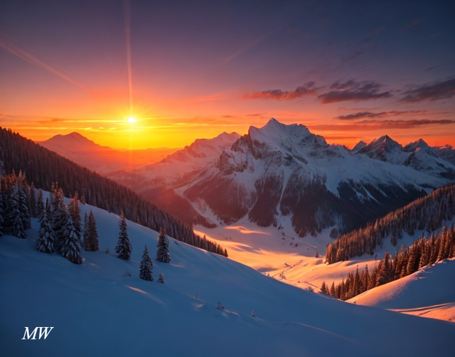 Vibrant orange sunset over snowy mountain range