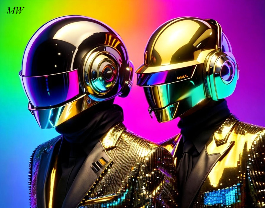 Reflective helmet figures in sequined jackets on colorful background