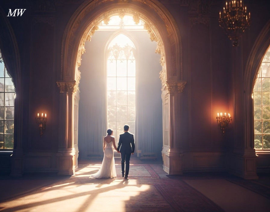 Couple holding hands in elegant, sunlit gothic room