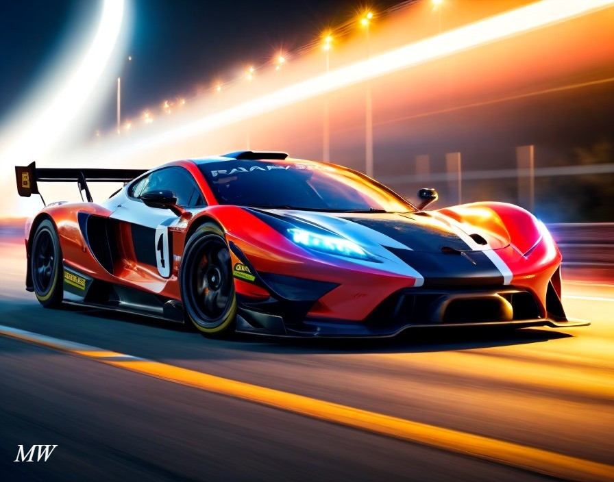 Sleek Racing Car with Bold Livery on Track at Dusk