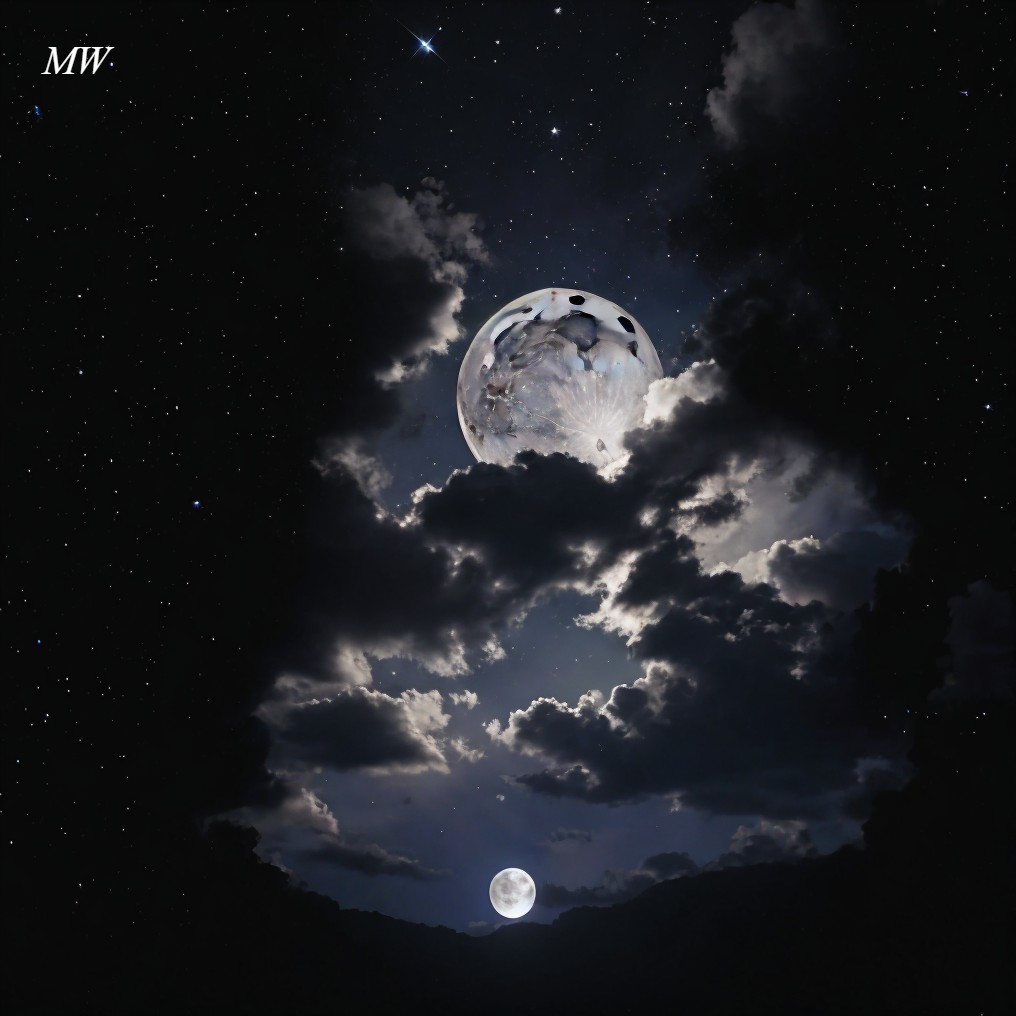 Large full moon and silhouetted clouds under night sky