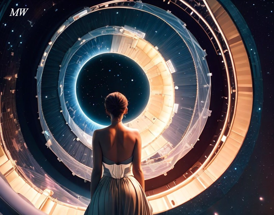 Woman in white dress gazes at futuristic circular space station gateway