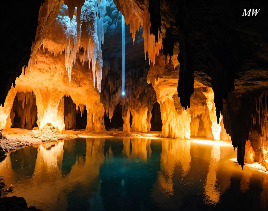 Illuminated Underground Cave with Stalactites and Pool