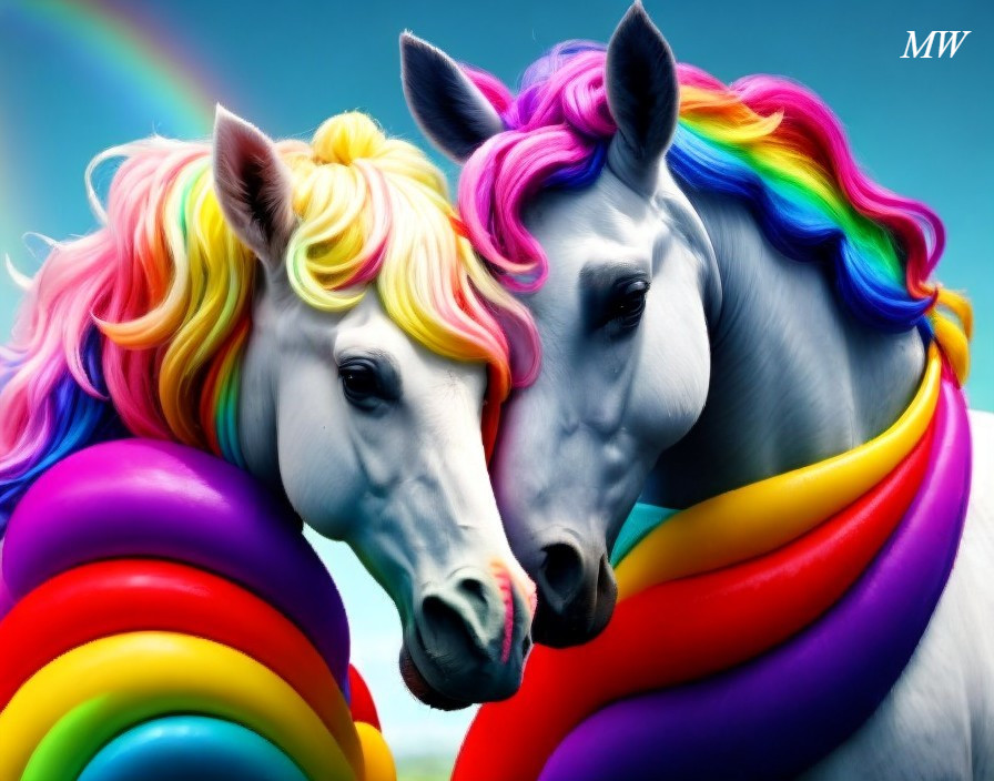 Horses with Rainbow Manes and Scarves Under Blue Sky