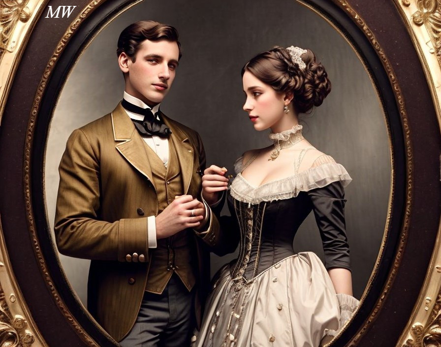 Vintage-style portrait of man and woman in period attire in ornate oval frame