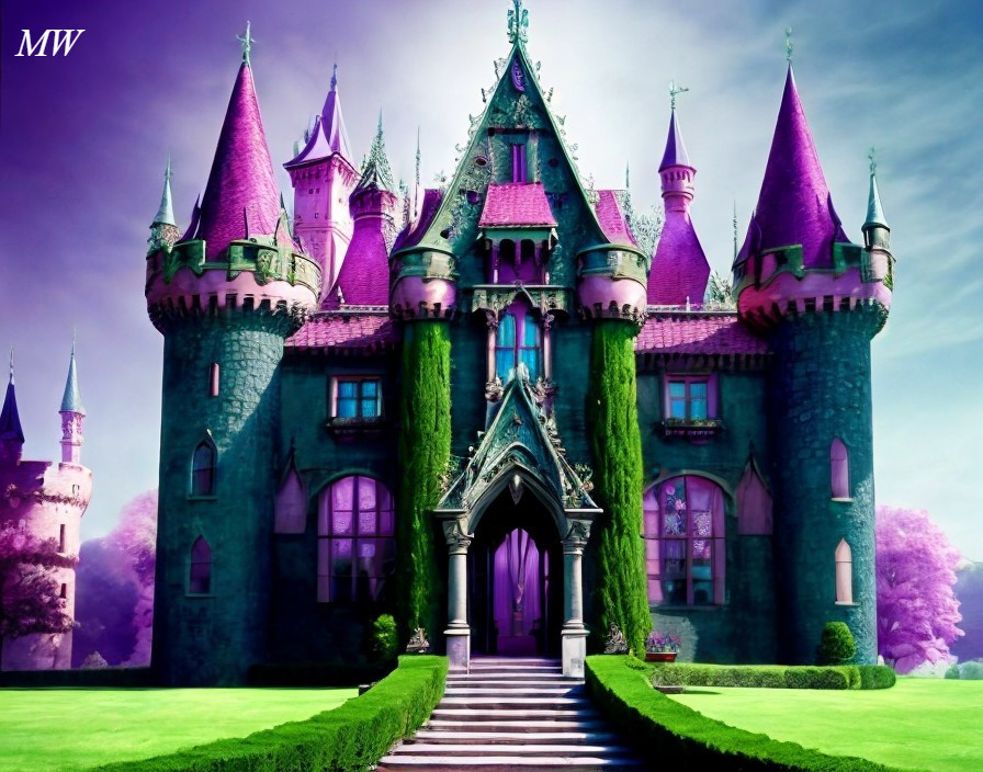 Vivid Fairytale Castle with Purple Spires and Ivy