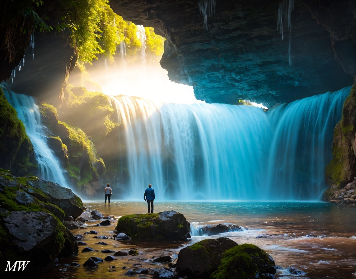 Observation of a Waterfall from a Sunlit Cave