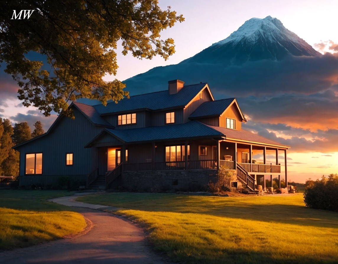 Spacious two-story house with porch, grassy field, and mountain view at sunset